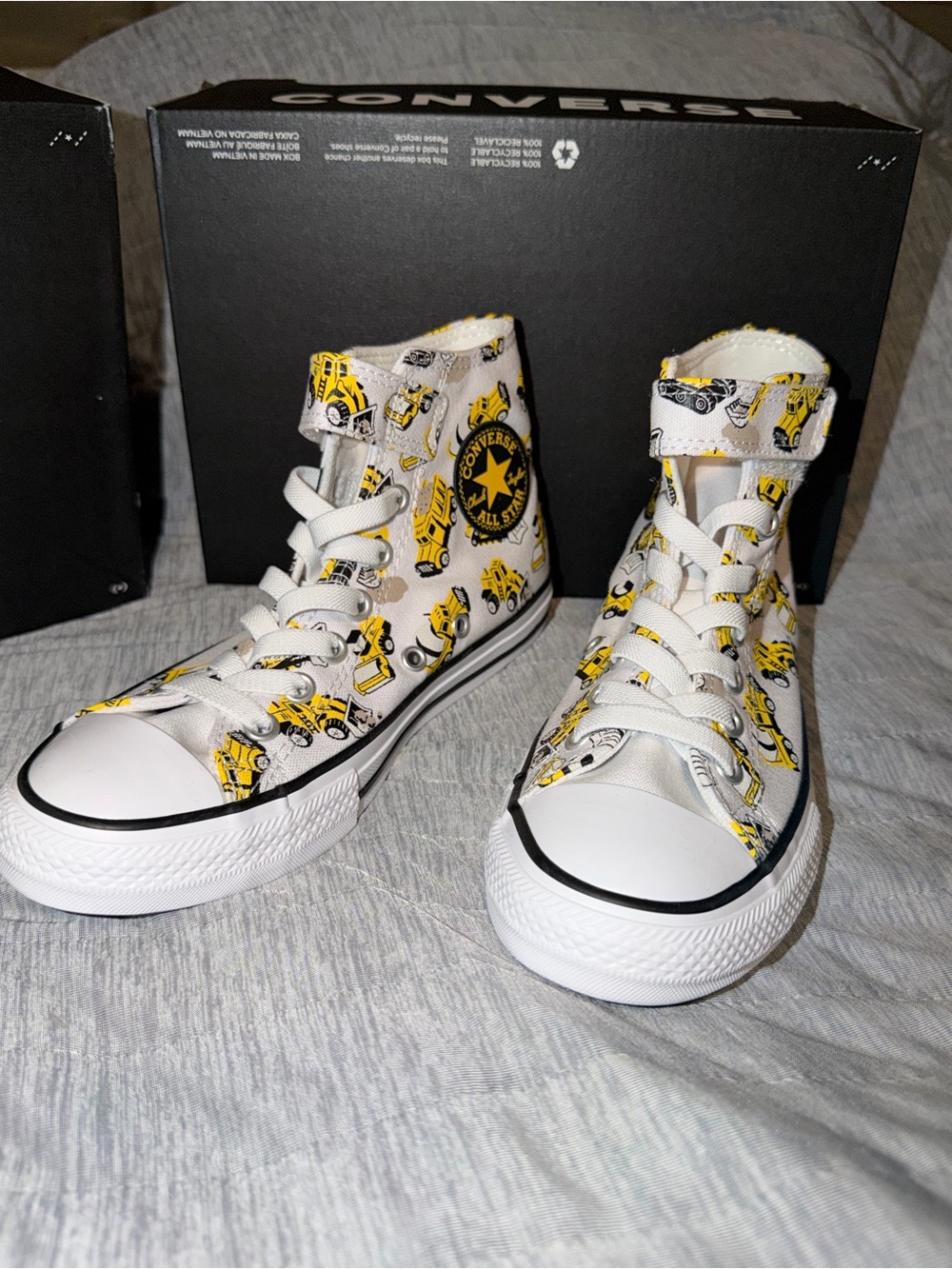 Converse Kids White High-Top Sneakers with Yellow Truck Pattern